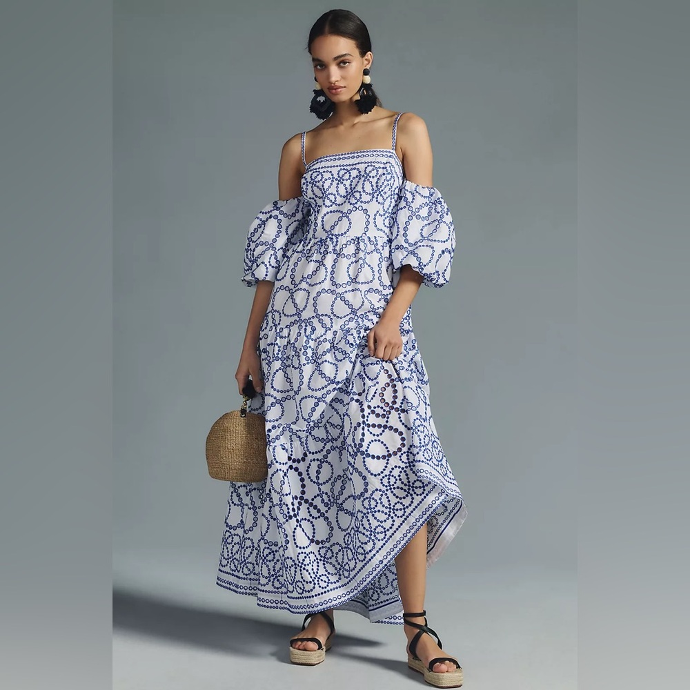 By Anthropologie Puff Sleeve Eyelet Maxi Dress White Blue Greece Vacation Party